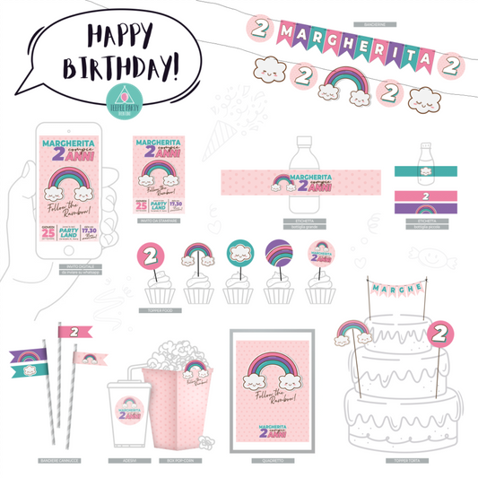 PARTY KIT - tema "Pink Rainbow" (PERSONALIZZABILE)