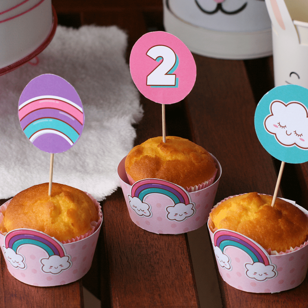15 TOPPER food - tema "Pink Rainbow" (PERSONALIZZABILE)