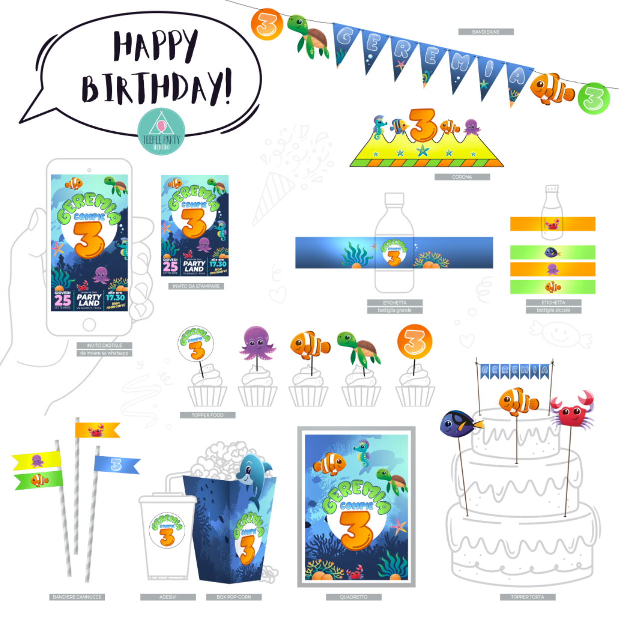 PARTY KIT - tema "In fondo al mar - Nemo" (PERSONALIZZABILE)